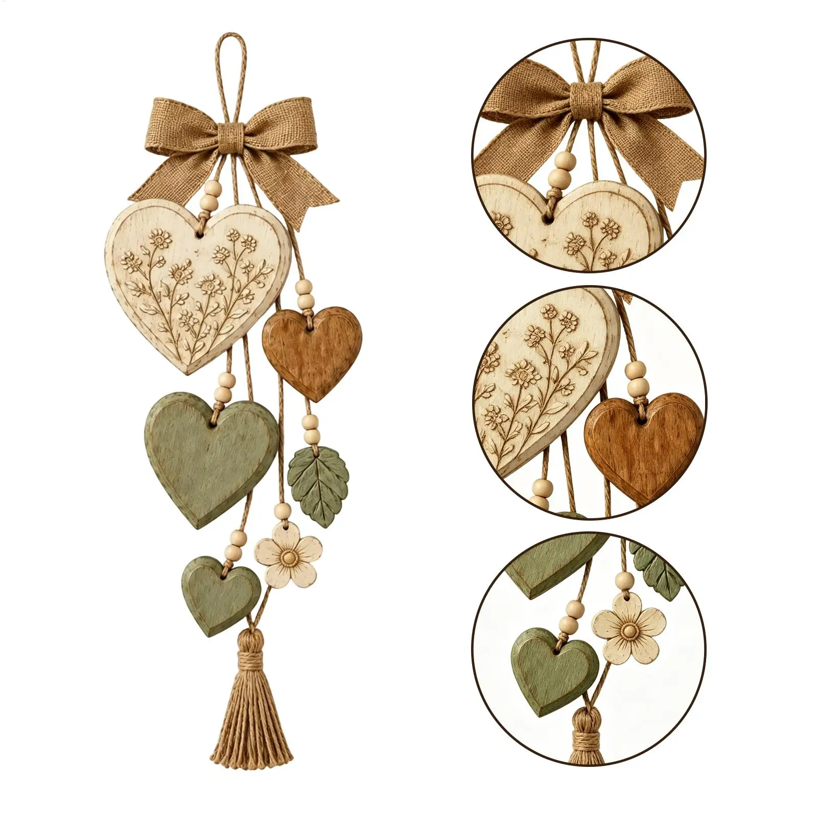 Solid wood heart-shaped wall hanging Farmhouse style burlap bow decoration Paired with distressed wooden heart-shaped pendant
