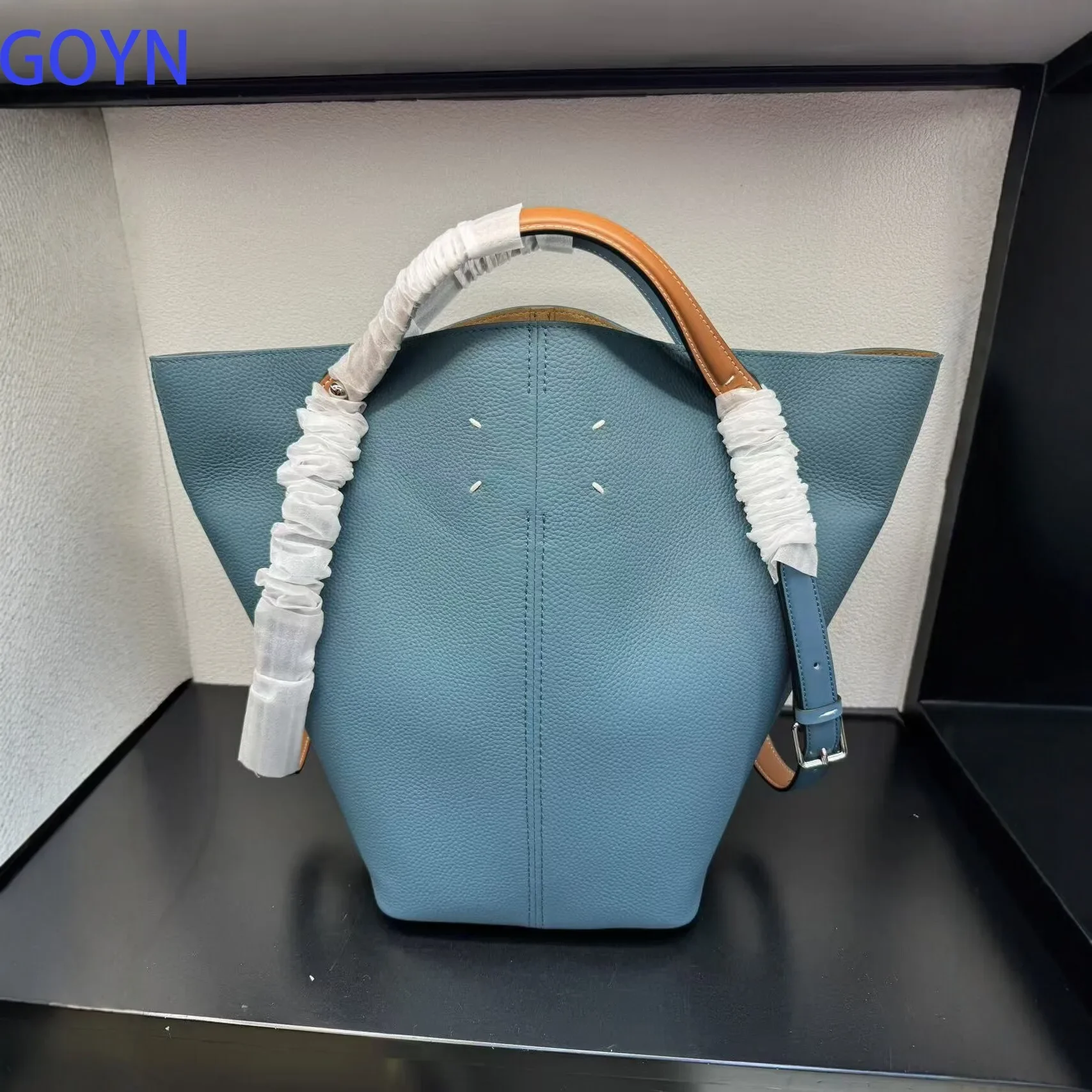 

Women Haze Blue Pebble Faux Leather V Shape Large Tote Bag Four White Decor Stitching Contrast Tan Adjustable Leather Top Handle Shoulder Bag For Office Travel Spring Summer