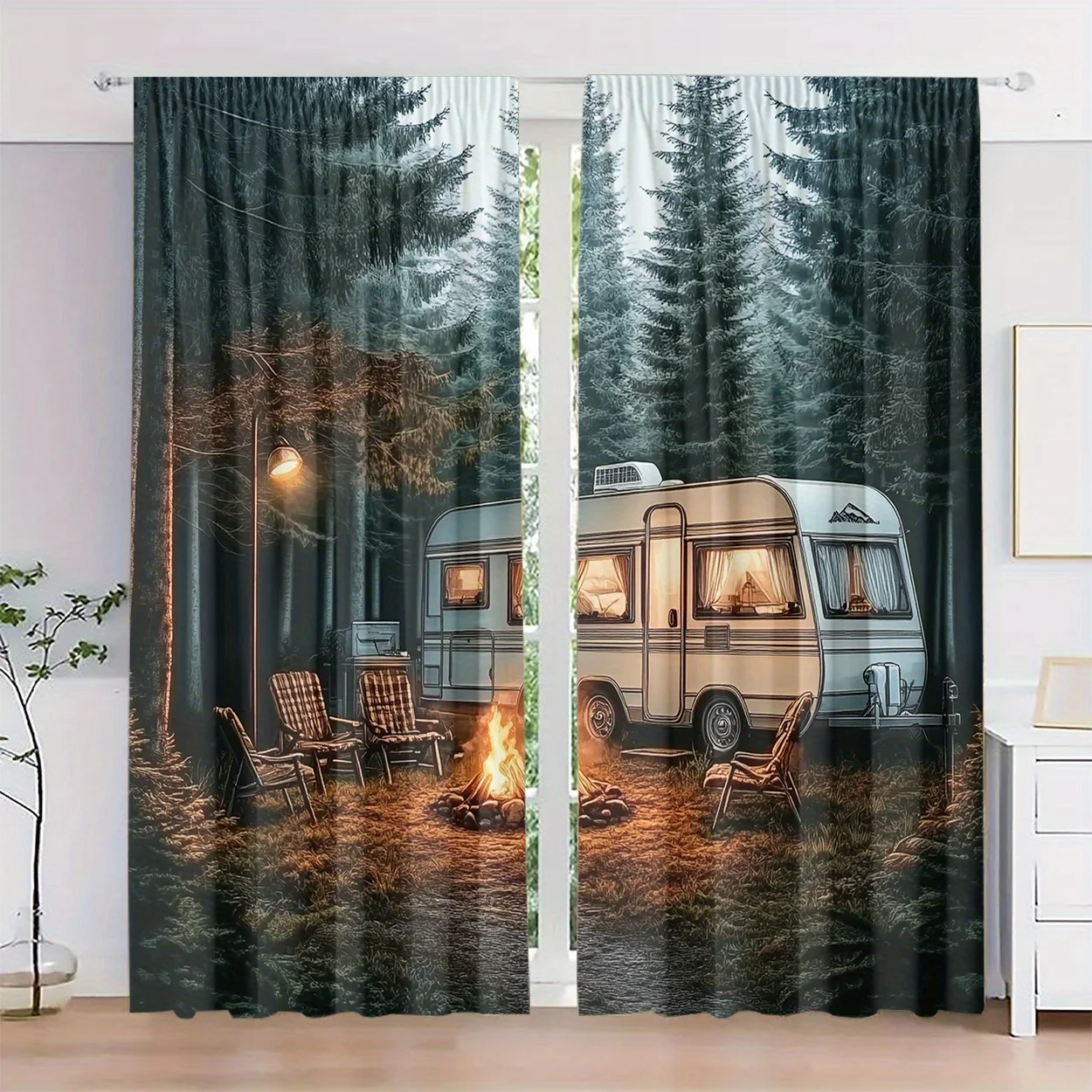 Vanlife Camping Forest Curtains 2PC Decorative Panel Romantic Wilderness Woodland Backdrop Living Room Wall Decor
