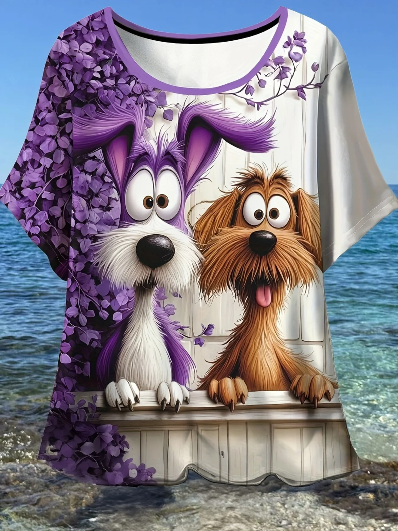 Women Crew Neck Short Sleeve T‑Shirt, Cartoon Two Cute Dogs Purple Hydrangea Floral Nature Animal Graphic Casual Summer Tee
