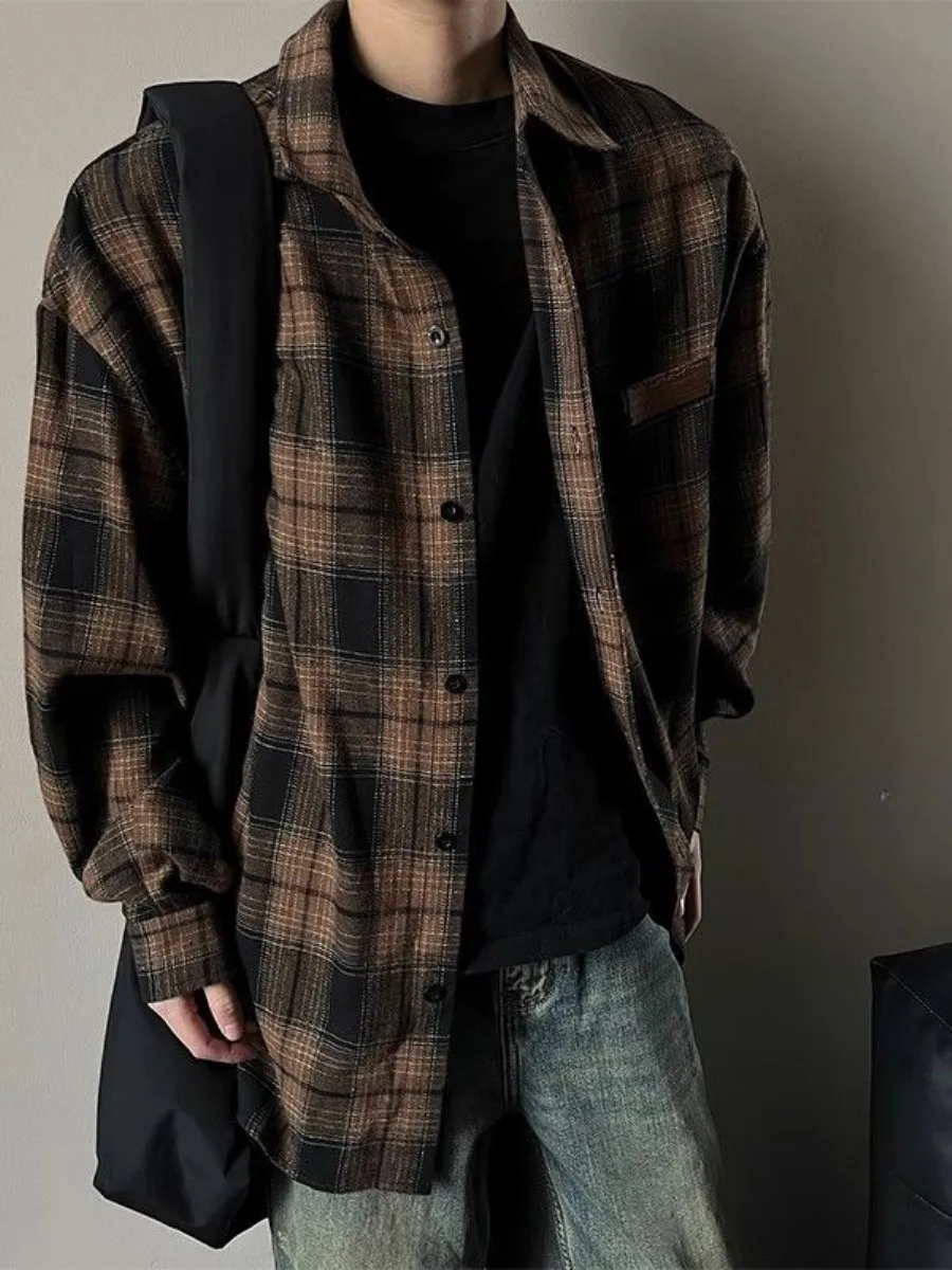 

Retro Plaid Long Sve irt American Sle Men's Casual Loose Fit Turn-down Collar Top Street Faion Outerwear