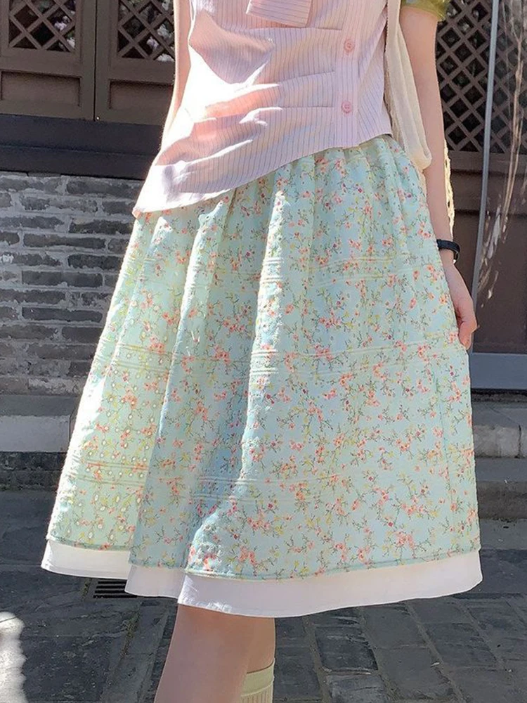 Blumiger Süßer Midi-Rock für Damen, Sommerlicher Lockerer Modischer Preppy-Stil, Niedlicher Rock, Schicker Hochtaillierter Eleganter Allround A-Linien-Rock