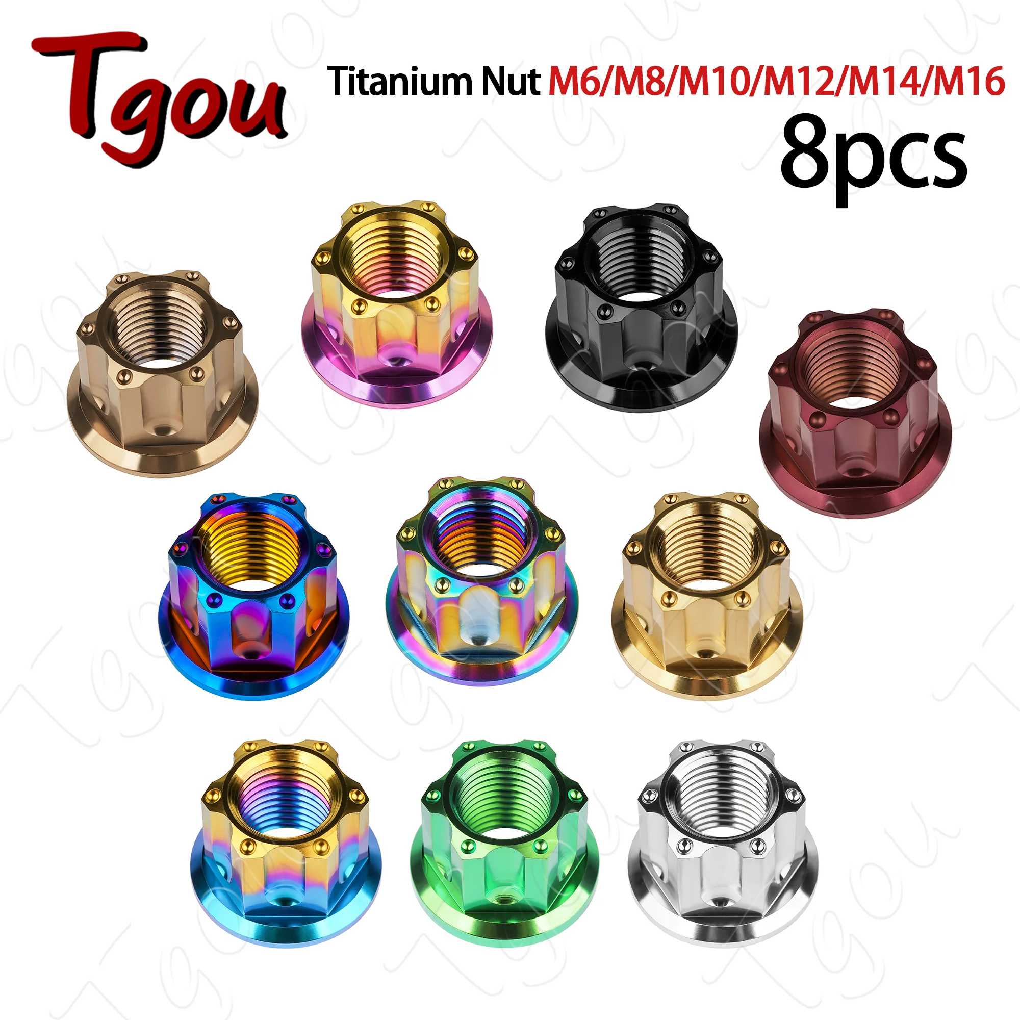 Tgou Titanium Nut M6 M8 M10 M12 M14 M16 Flange Nuts for Motorcycle Bicycle Car 8pcs