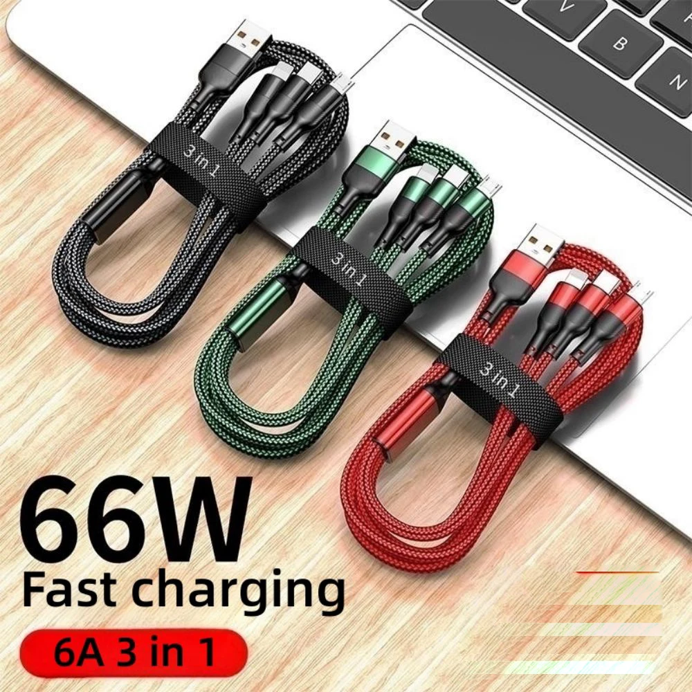 66W 3-in-1 Fast Charging Cable 6A Multi Port USB Charger Wire Cord with Micro USB Type C Cable For iPhone Samsung Huawei