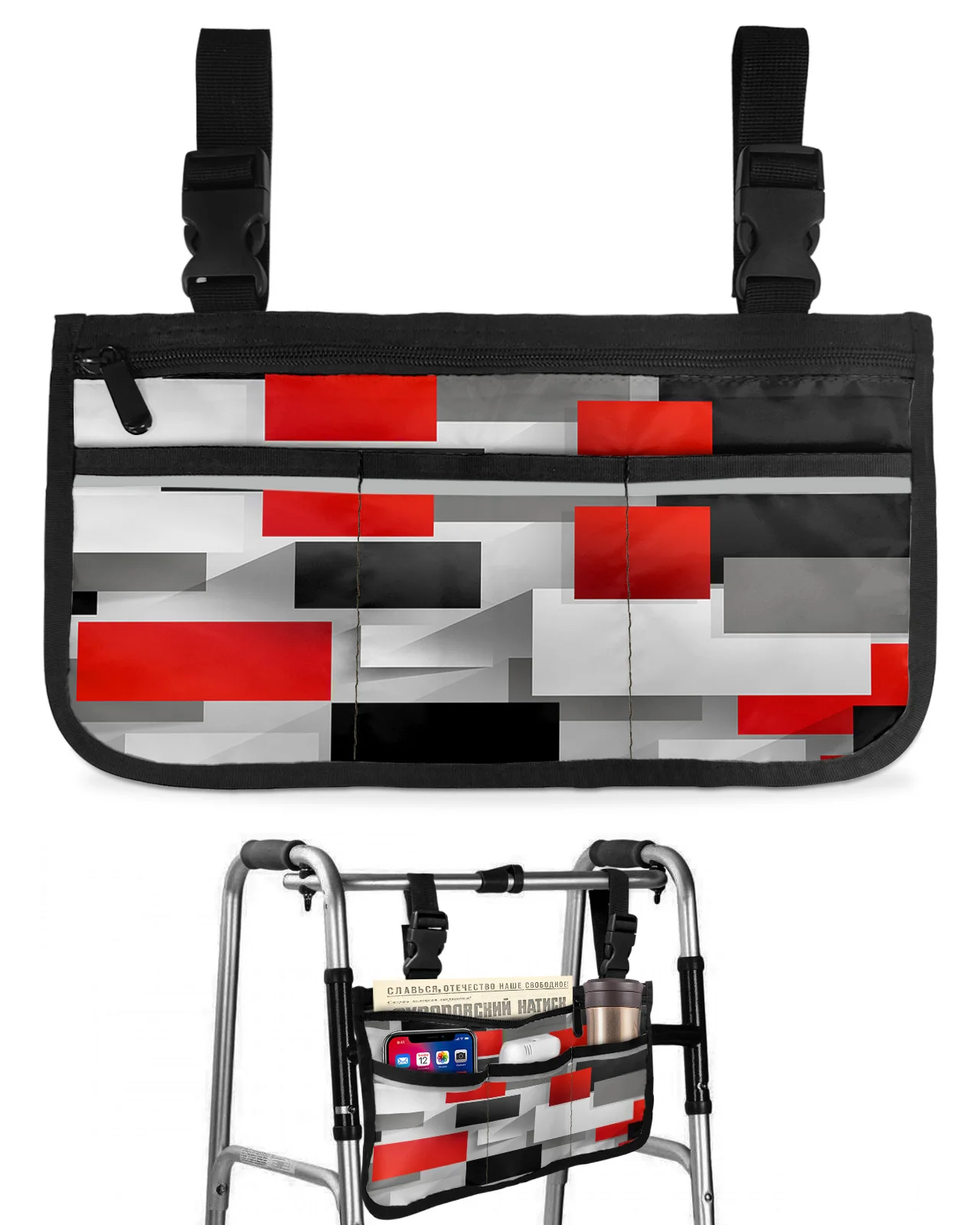 Geometric Red Black Gray Solid Abstract Wheelchair Bag Armrest  Side Bags Electric Scooter Walking Frame Storage Pouch