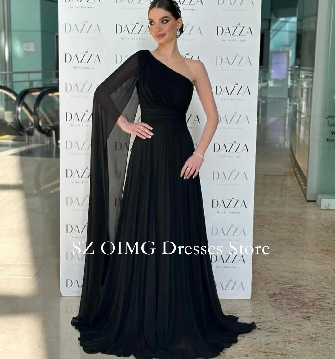 

OIMG Saudi Arabia Floor Length Prom Dresses One-Shoulder Dress with Cape Sleeves Evening Dress Formal Women Wedding Party Gowns