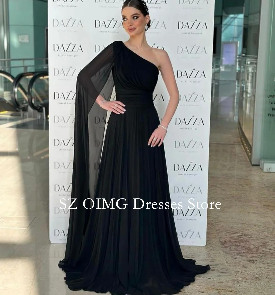 

OIMG Saudi Arabia Floor Length Prom Dresses One-Shoulder Dress with Cape Sleeves Dress Formal Women Wedding Party Gowns