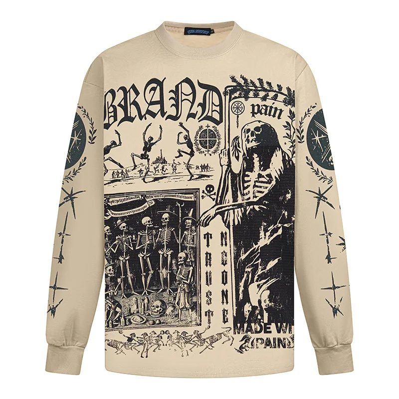 Men's High Street Skeleton T Shirt Fashion Streetwear Vintage Hip Hop Tees Loose Fit Vibe Style Skull Printed Long Sleeve Tops