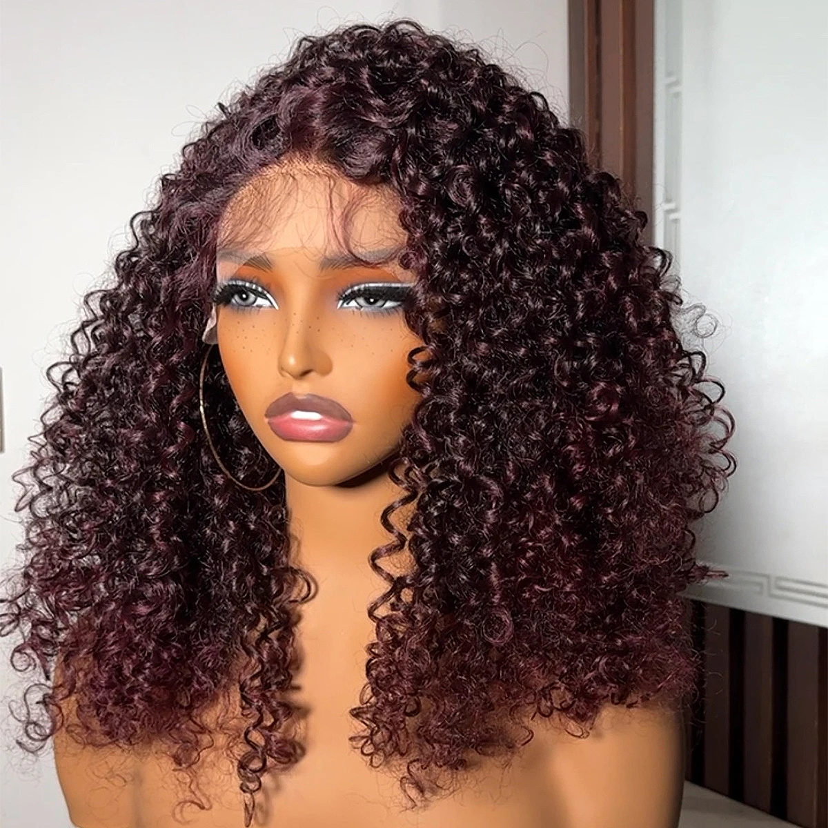 

400 Density Kinky Curly 99j Glueless Wig Baby Hair Wine Red Wear And Go Brazilian Wig 13x6 HD Lace Front Wear And Go 18-36 Inch