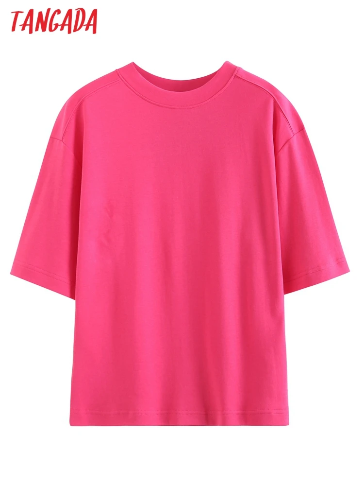 Tangada 2023 Summer Women Pink Cotton T Shirt High Quality Short Sleeve Tees Ladies Casual Tee Shirt Street Wear Top 6D194