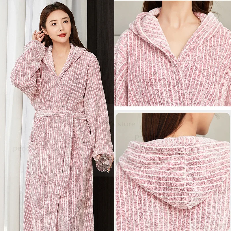 New Lady Long Kimono Gown Autumn Winter Warm Sleepwear Soft Coral Fleece Robe Loungewear Hooded Shower Bathrobe Pajamas Robes