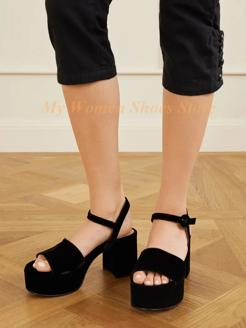 Chunky Heel Suede Platform Sandals Women Solid Black Open Toe Ankle Buckle Strap 2026 New Arrivals Fashion Dress Shoes Handmade