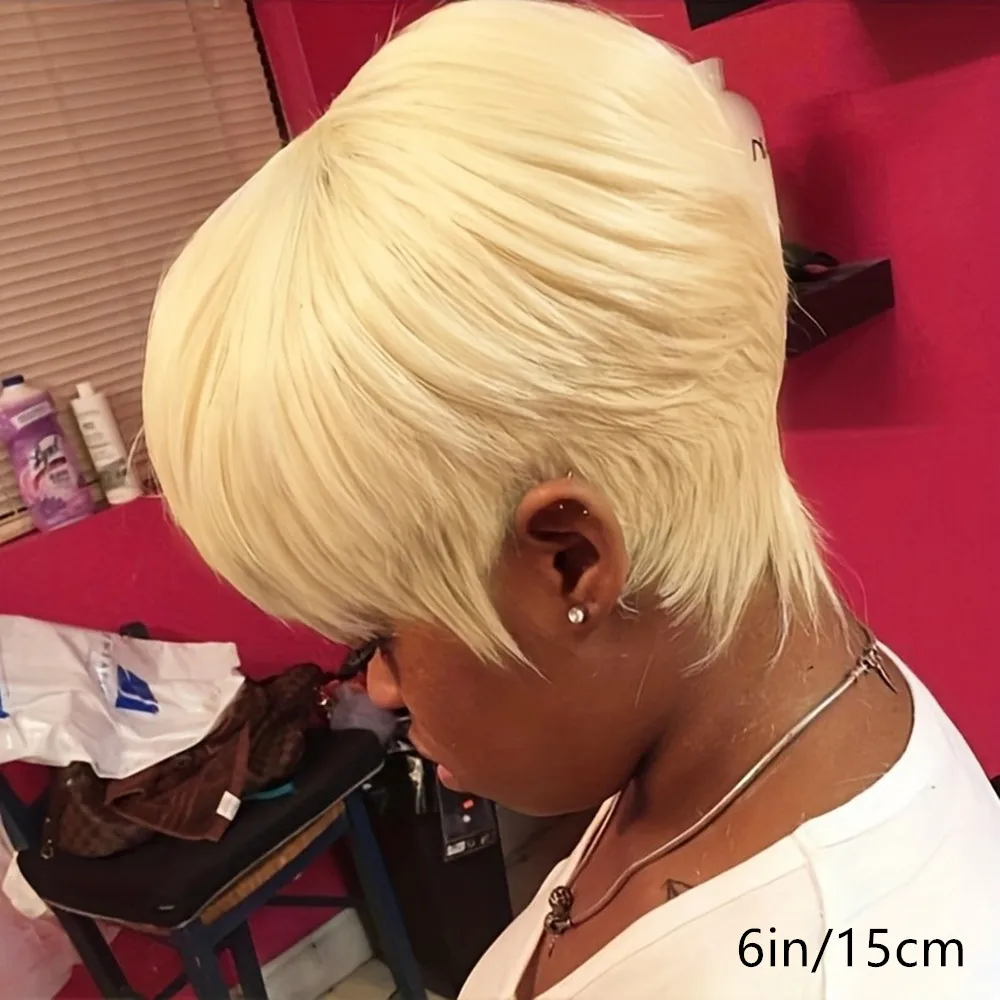 

Блондинка машинного производства, плотность 150%, 6 дюймов, натуральный черный цвет, стрижка пикси, парики из натуральных волос, короткие прямые парики для женщин, подарок на вечеринку