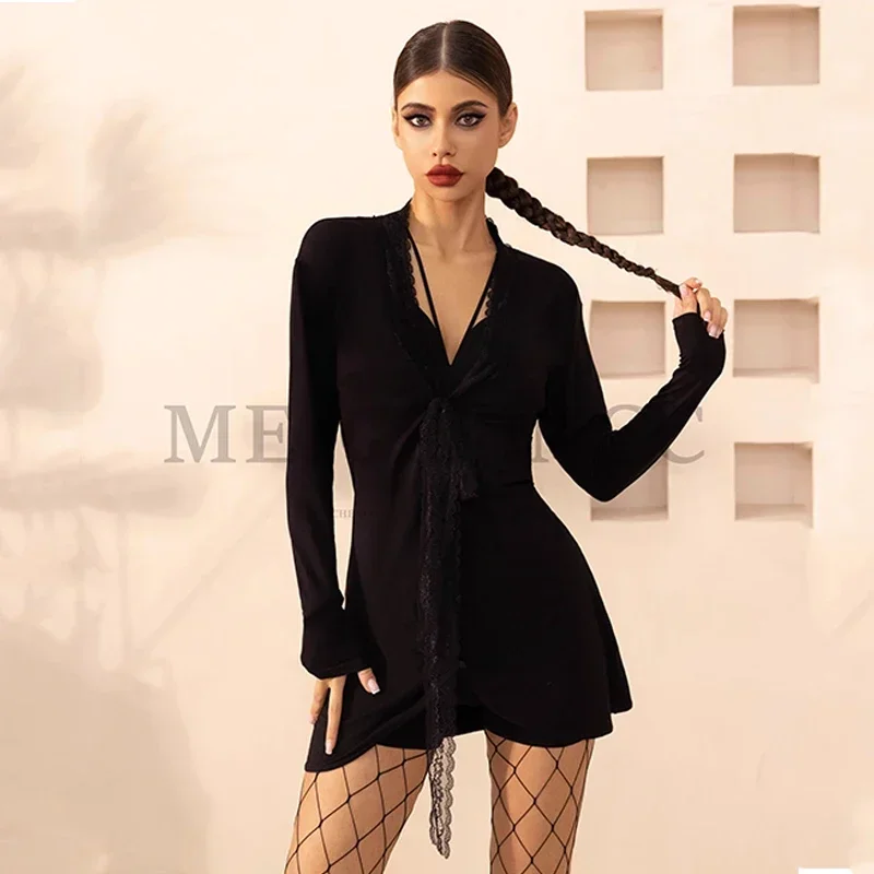 Latin Dance Clothes Female Adult Black Lace Long Sleeves Shirts Cardigan Cha Cha Rumba Samba Dance Dress Practice Wear DNV19197