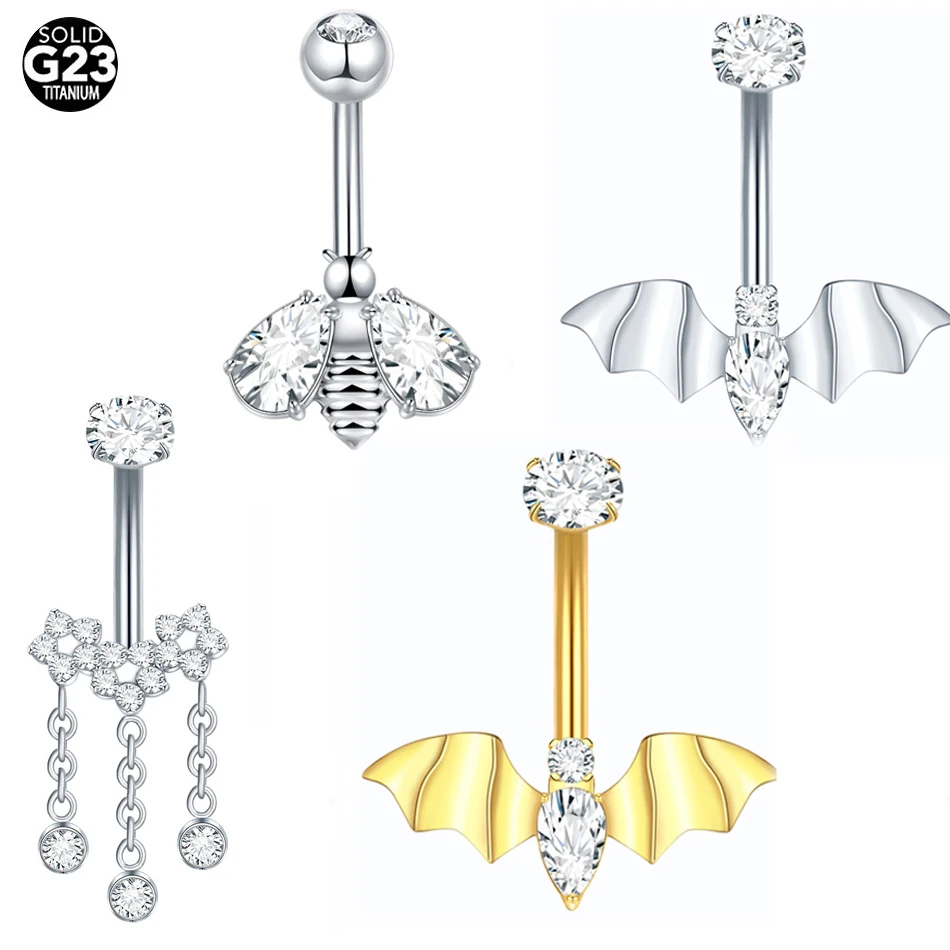 1Pc Titanium CZ Belly Button Ring Internal Thread Zircon Bee Bat Flower Navel Piercing for Women Body Accessaries 14G