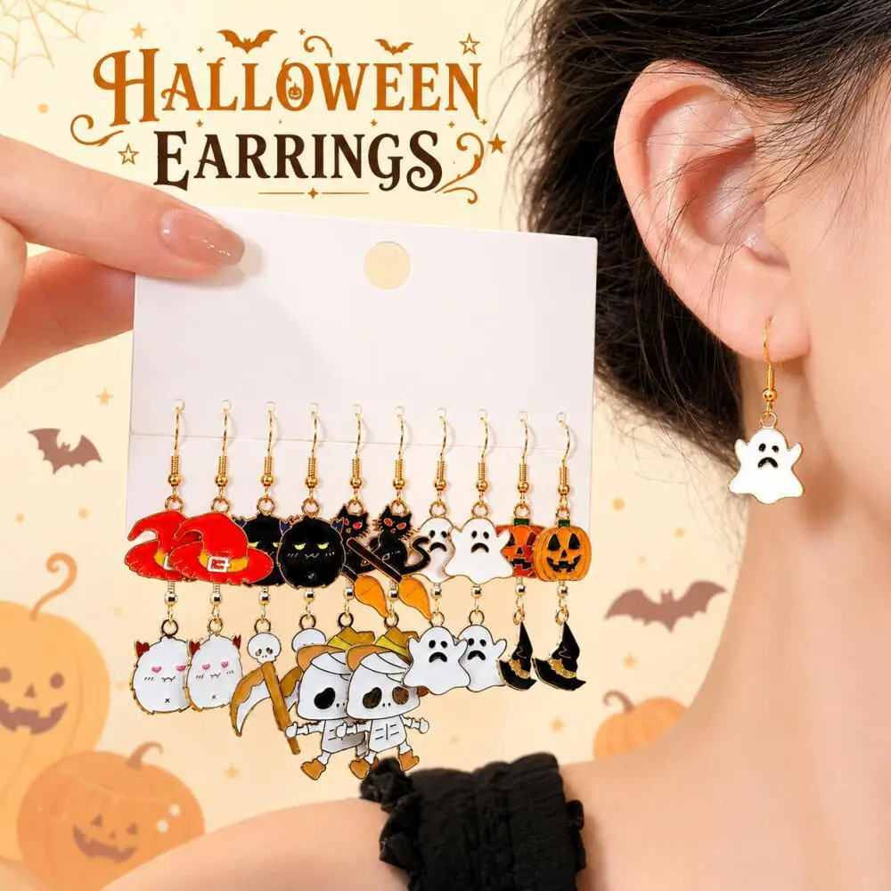 10 Pairs Halloween Enamel Dangle Earrings Ghost Pumpkin Black Cat Mummy Scythe Cosplay Holiday Party Jewelry Gift