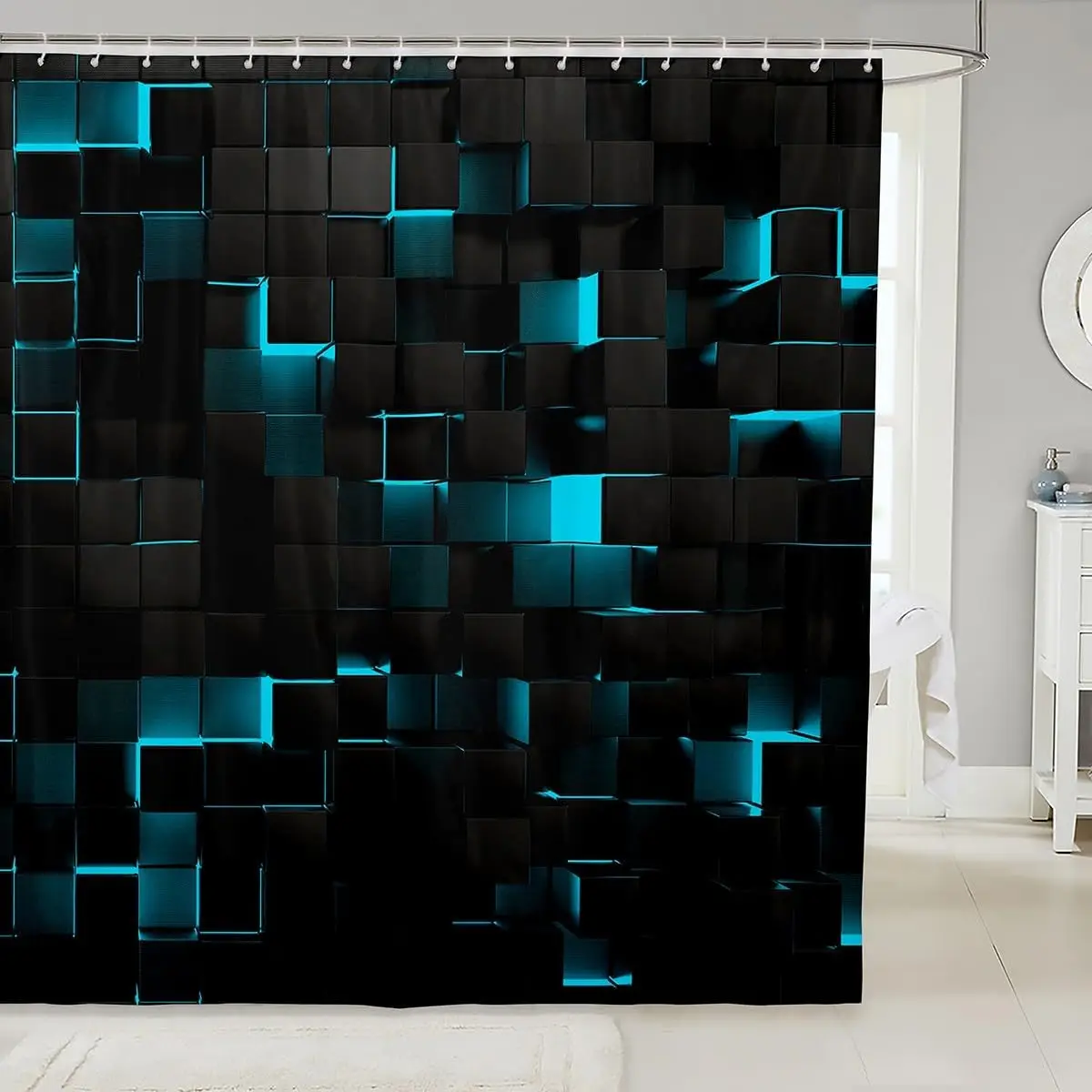 

Teal and Black Shower Curtains for Bathroom,Neon Turquoise Geometric Check Bathroom Curtainstereoscopic Abstract Plaid Grids