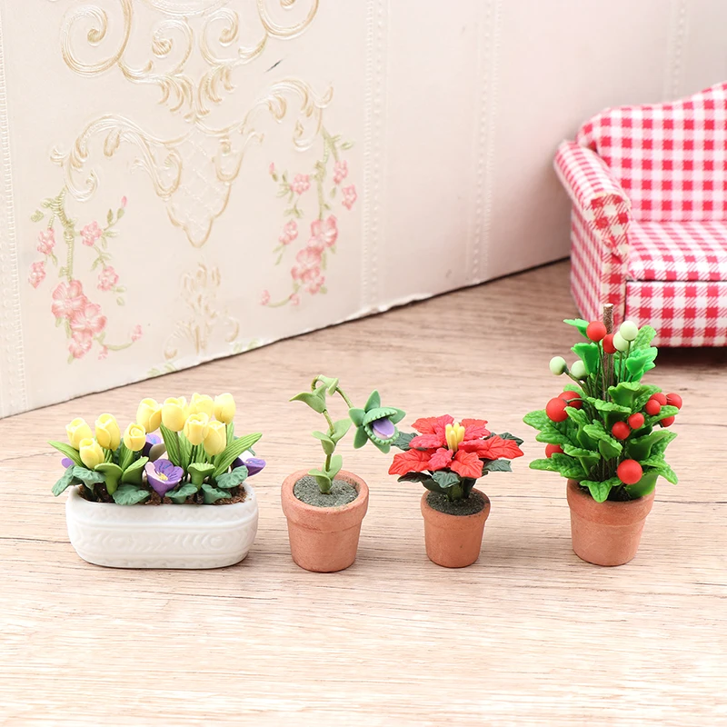 1:12 Dollhouse Miniature Potted Plants Tulip Flower Pot Fortune Fruit Bonsai Model Garden Home Decor Toy Doll House Accessories