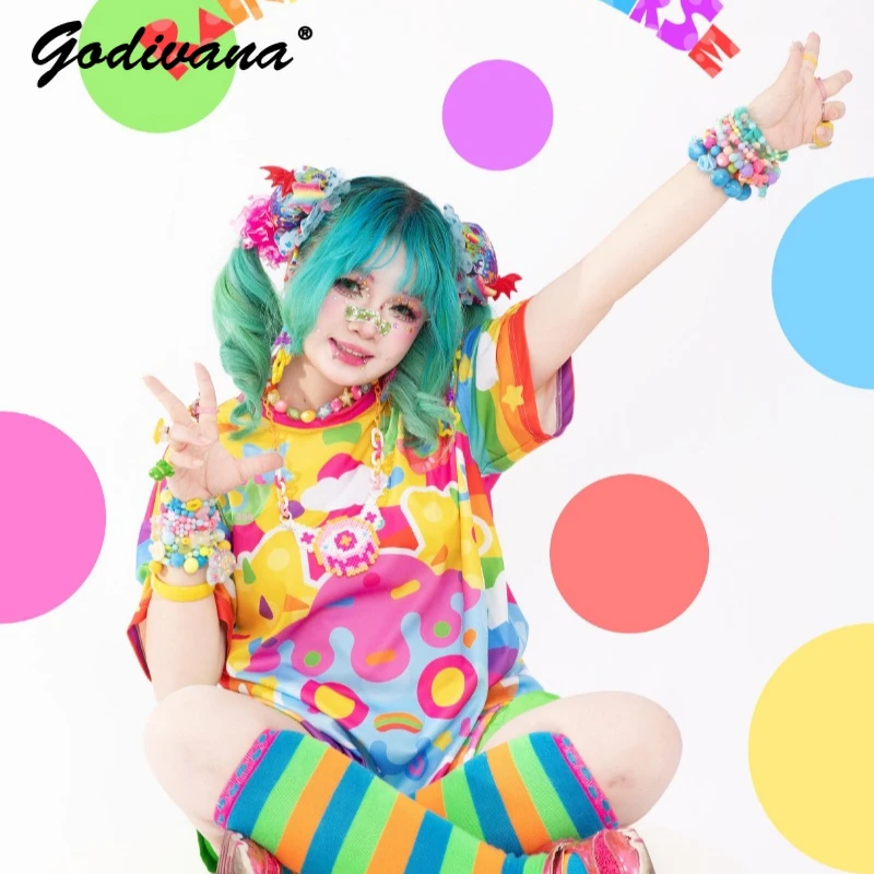 

Original Rainbow Universe Printing Harajuku Loose Top Female Girls Sweet Short-sleeved Subculture Oversized T-shirt Tees