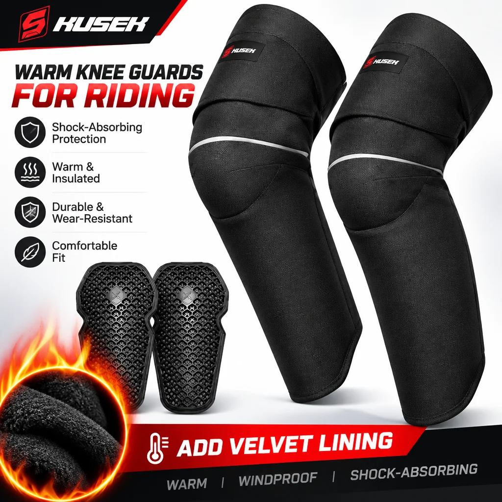 KUSEK Motorcycle Knee Warmers Winter Thermal Fleece Windproof Water Resistant Reflective Strips Velcro Shockproof for Men Women