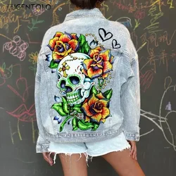 Lugentolo Skull Jean Jacket Women Streetwear Fashion Long Sleeve Lapel Loose Printed Denim Jackets for Woman