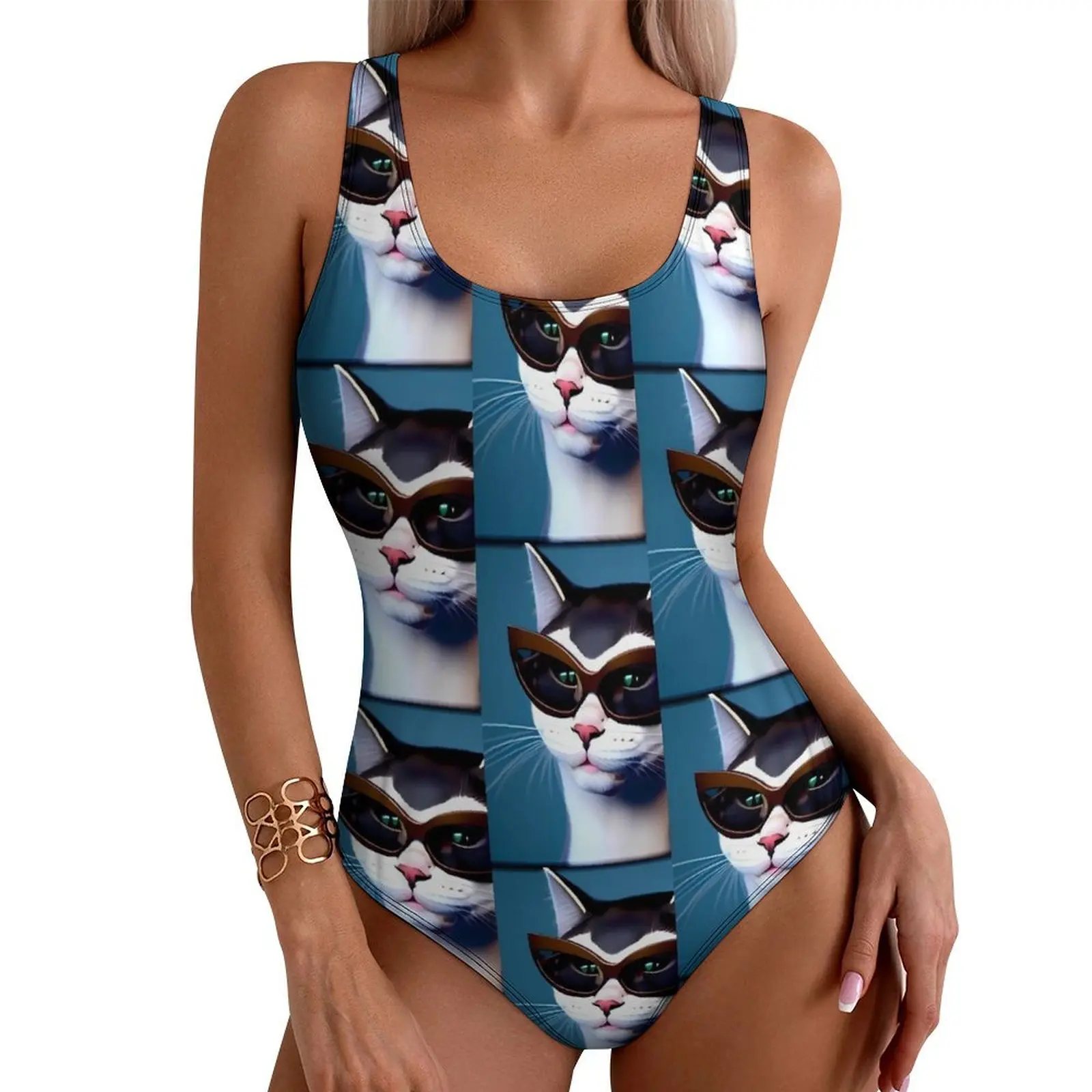 Funky Glasses Swimsuit Funny Cat Face One-Piece Swimwear Push Up Stylish Monokini Sexy Holiday Surf Custom Beach Wear