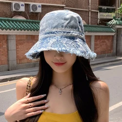 Japanese Simple Anti-ultraviolet Denim Bucket Hat Ins Rough Edge Retro Sun Cap Spring and Summer Sun Protection Basin Hats Women