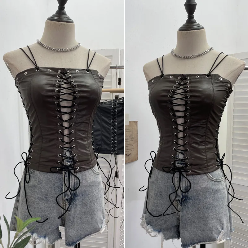 Women Vintage Punk Hot Girls Strappy Tube Top Pu Leather Top Sexy Tight Sexy Short Halter Neck Hollow Out Top Y2K Streetwear2765