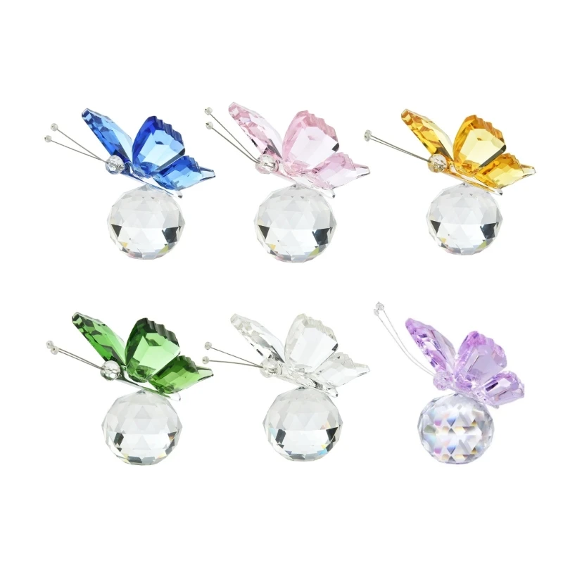 Crystal Butterfly Figurines with Glass Ball Base Glass Butterfly Statues Crystal Animal Figurine for Home Ornament Decor