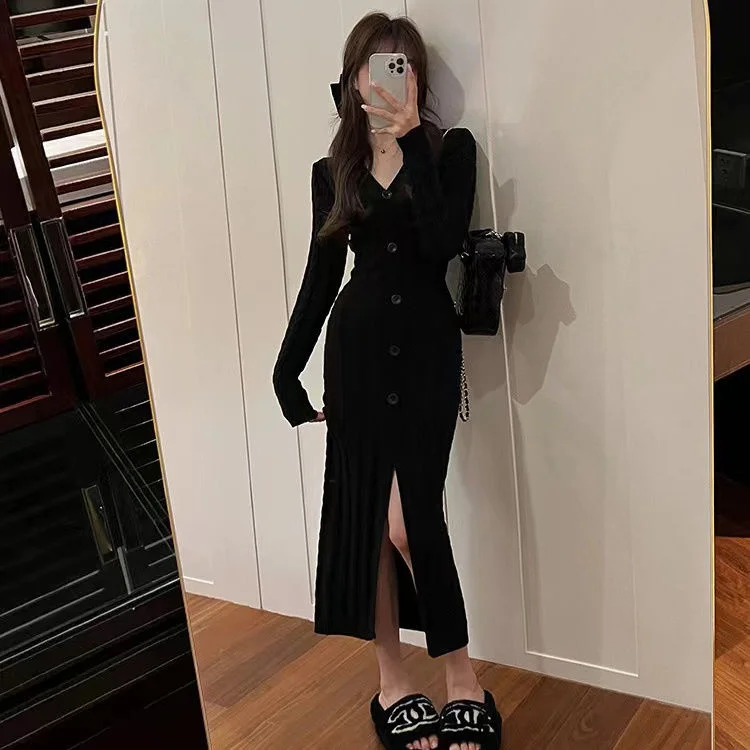 Knee Length Pullovers Goth Sweaters Jumpers Women Vintage O-Neck Aesthetic Stage Youth Preppy Grid Placket Front Decoration Soft view 2