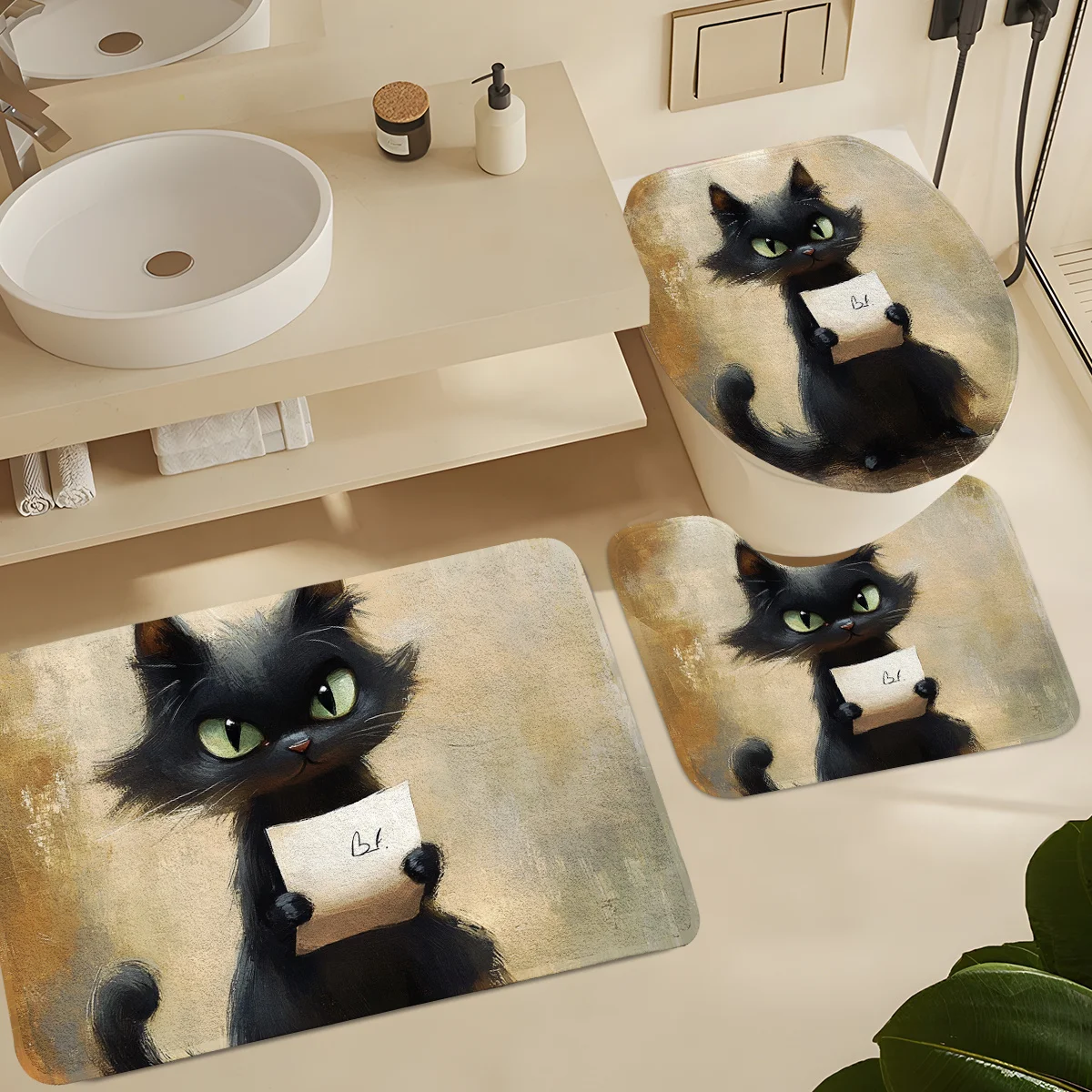 

3pcs of Vintage Newspaper Cat Flannel Bathroom Rug Sets - Soft Flannel Material, Quick-drying U-shaped Base Rug, Suitable for Ba