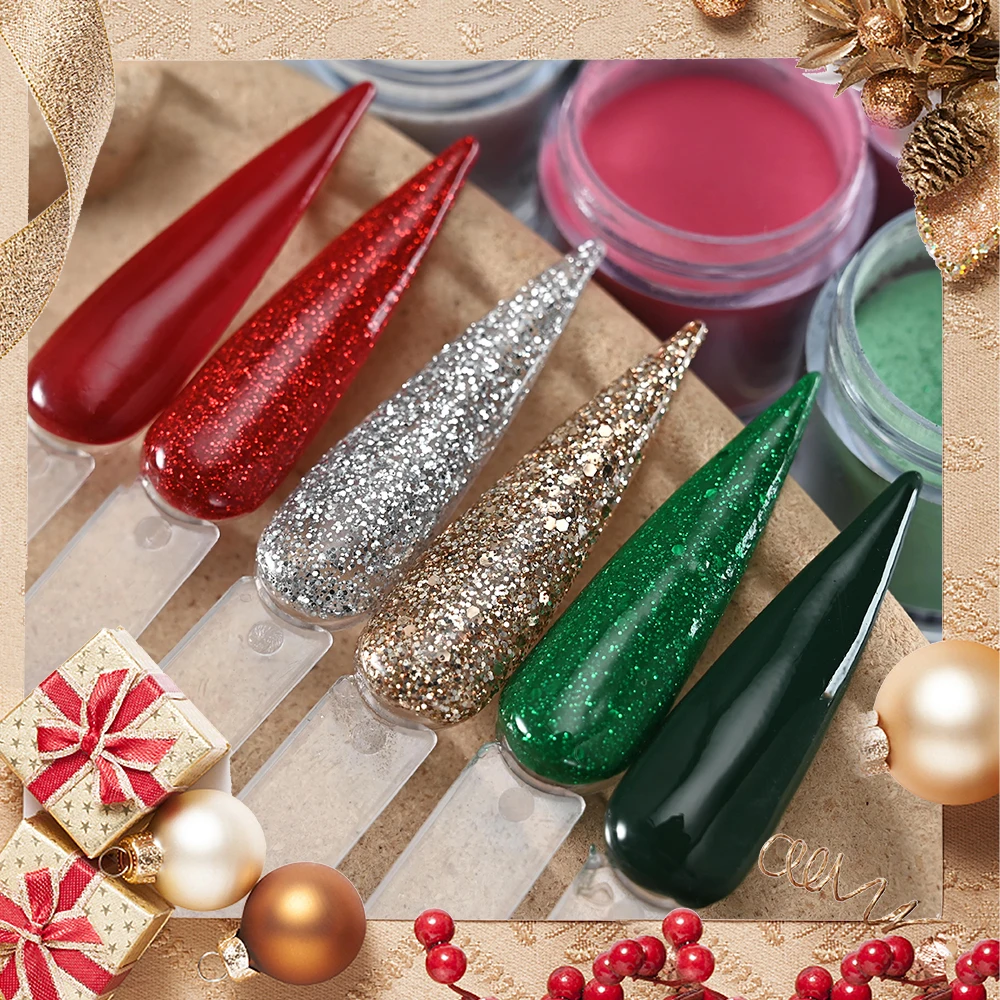 6 stks Rood Groen Kerst Nagel Acryl Poeder 4 In1 Uitbreiding/Dompelen/Graveren Acryl Monomeer Kristal Poeders Winter manicure