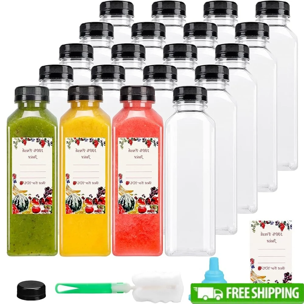 

20 шт., 16 унций, прозрачные пластиковые бутылки для сока с крышками, щетка для чистки, воронка, наклейки, контейнеры для напитков, смузи, напитки