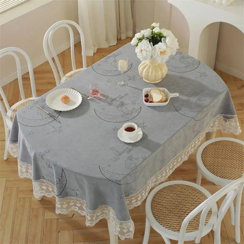 

Tablecloth Oval Jacquard with Lace Table Cover for Dining Cute Soft 140x200cm Farmhouse Home Decorative Ellipse Table Cloth