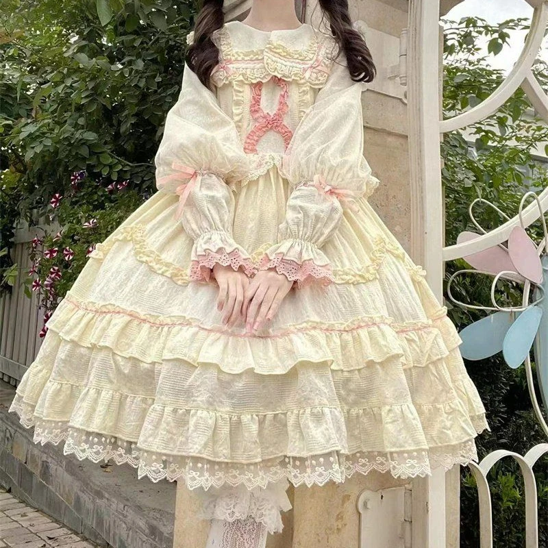 Japanese Kawaii Lolita Style OP Dresses Women Spring Summer Sweet Bow Ruffles Peter Pan Collar Long Sleeve Princess Dresses 2024