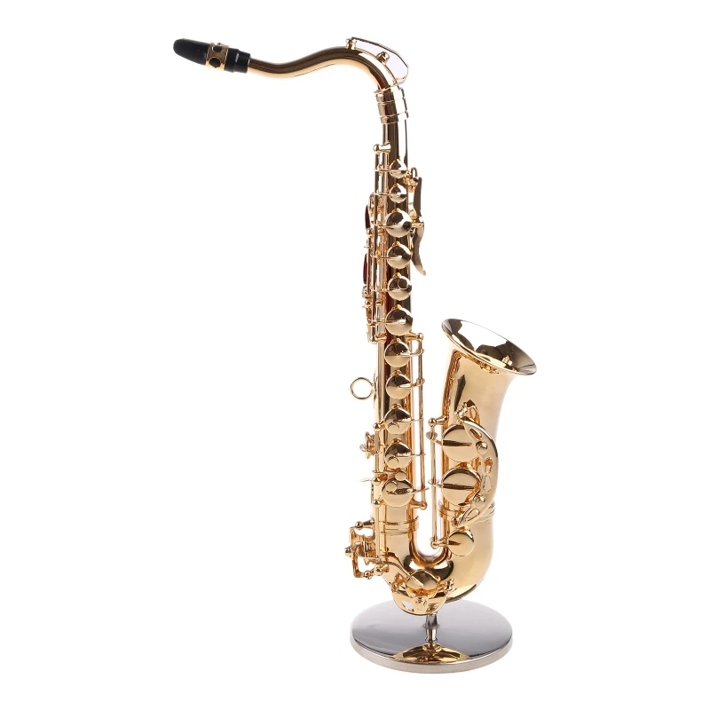 448D Copper Miniature Saxophone with Base Mini Musical Instrument Miniature Replica Dollhouse Model Mini Saxophone