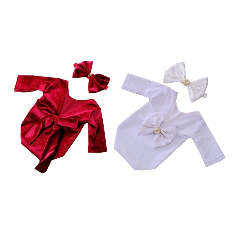 Newborn Photo Props Bow Headband Backless Jumpsuit Posing Clothes Baby Photography Suit Princess Bodysuit Infant Drop shipping