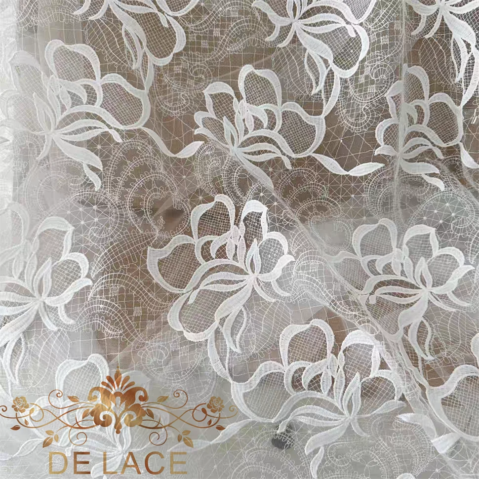 SXGN High Quality Floral Embroidered Lace Sequins Fabric Wedding Dress Hollow Out DIY Lace Fabric
