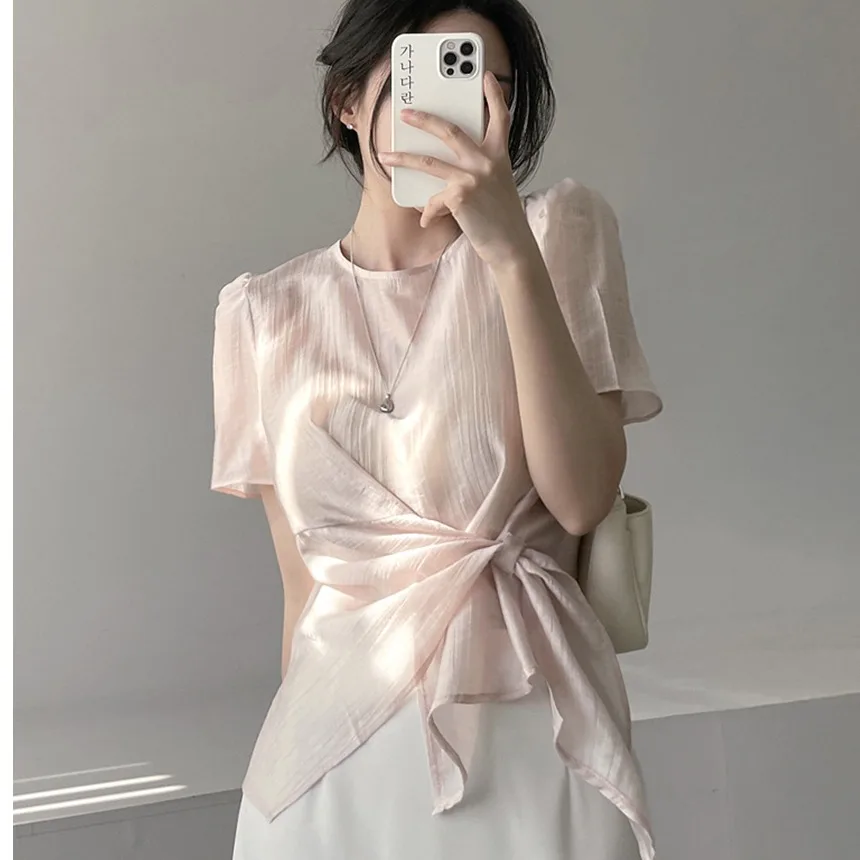 Korean Style Irregular Micro Transparent Shirt Women's Fashion Bubble Sleeve Short Sleeve Summer Shirt Casual Versatile Top