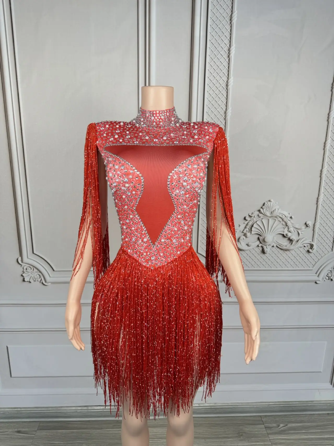 นักร้องนักเต้นเวทีสวมใส่ Rhinestones Fringes คริสตัลแฟนซีบอดี้สูทเซ็กซี่ Spandex Party Dance เครื่องแต่งกาย Hongri