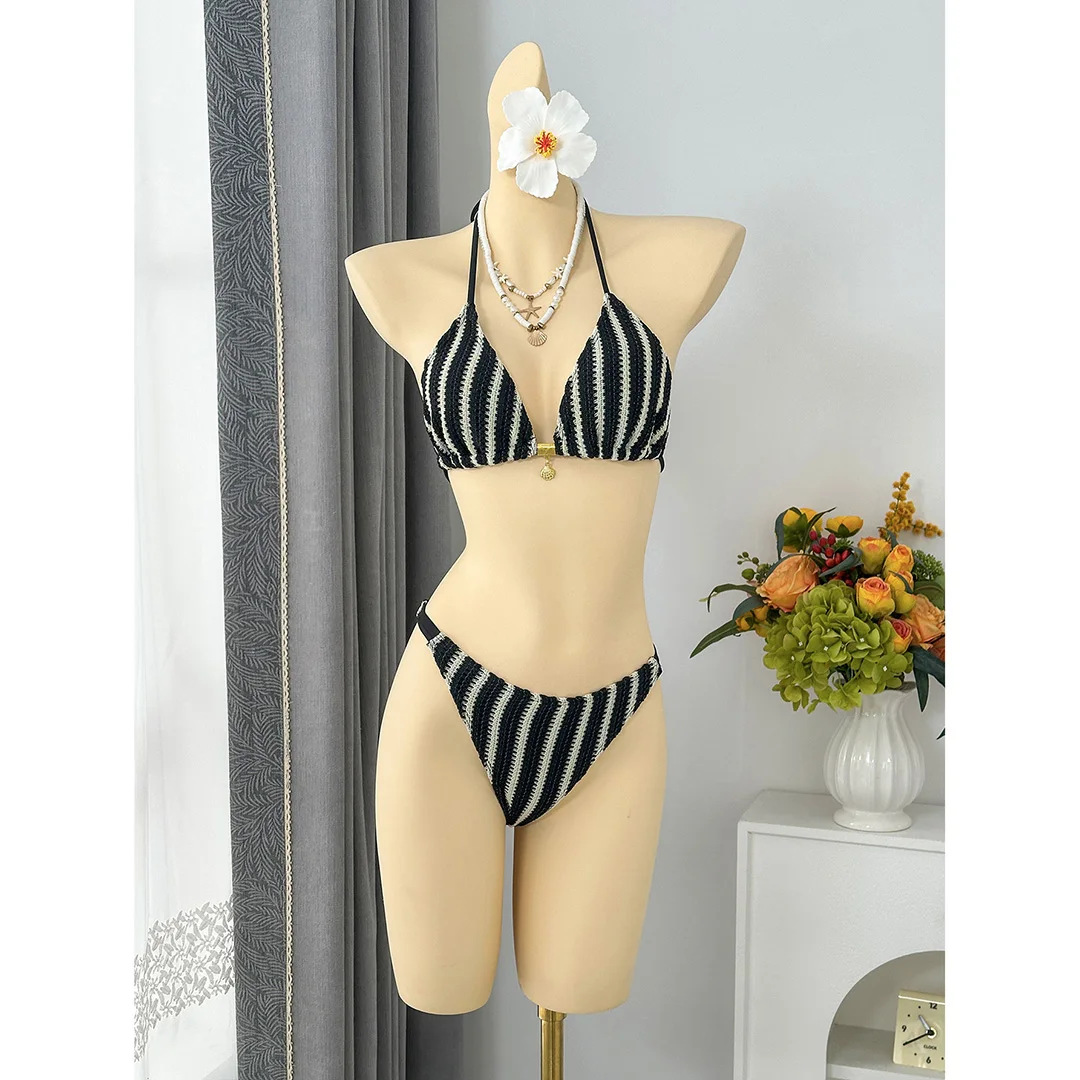5 Farben mit Hose, gestreifter Neckholder-Bikini, Damen-Badebekleidung, dreiteiliger Bikini-Set, Badeanzug, Badebekleidung, Schwimmbekleidung V7838P – Detail 15