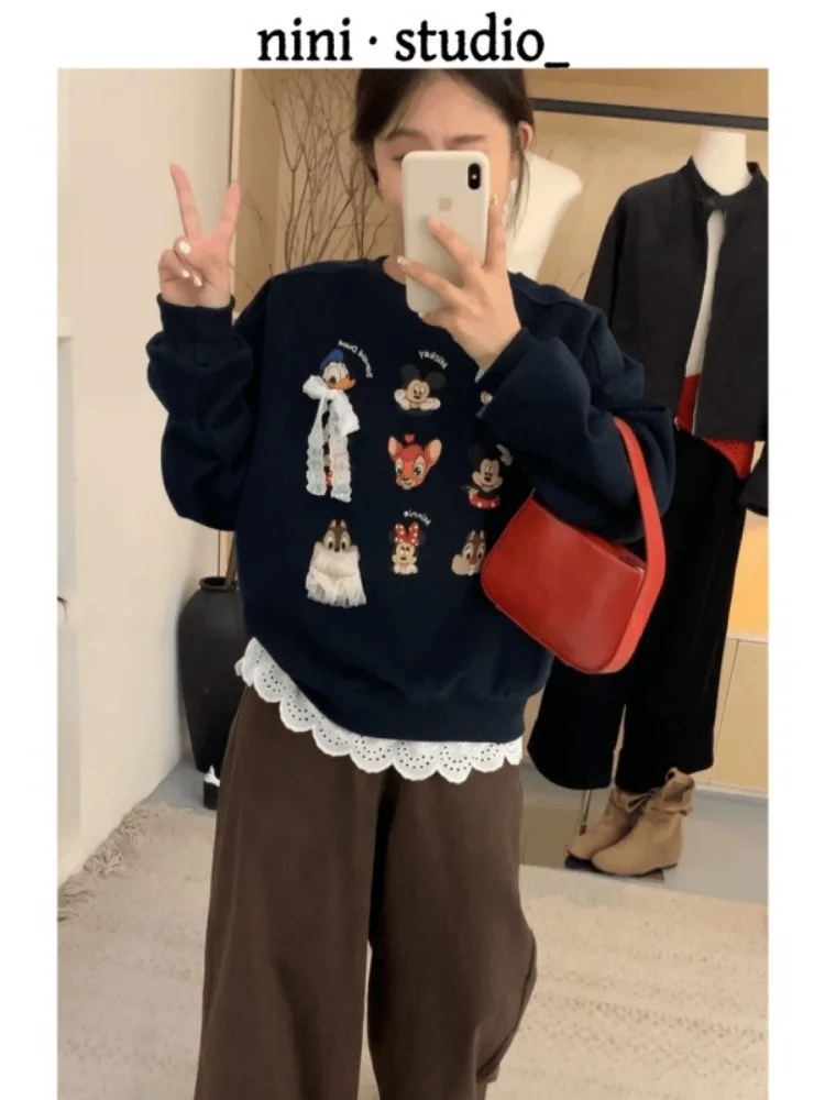 

Loose Lace Trim Patchwork Sweatshirt Cartoon Print Base Shirt Women's Fashion New Style Upper Body Korean Version Long Sleeve