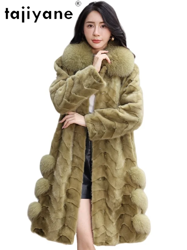 سترة من فرو المنك الطبيعي 100% من TAJIYANE معطف فرو منك حقيقي متوسط الطول للسيدات مع ياقة من فرو الثعلب ملابس شتوية للنساء 2025 #1
