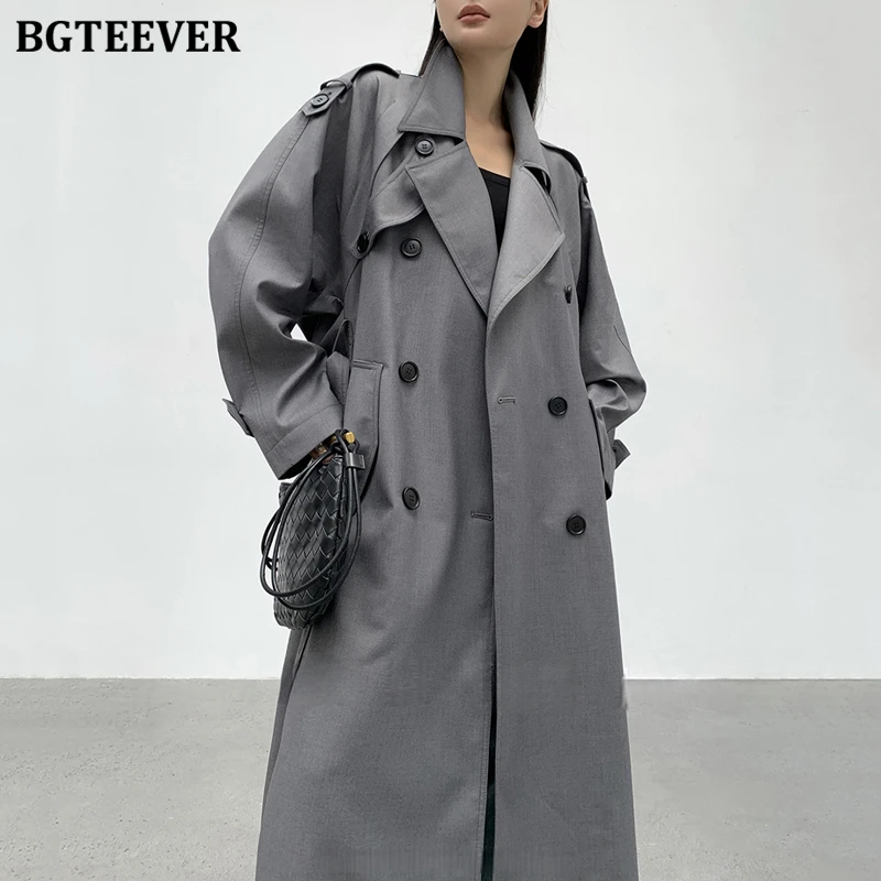 BGTEEVER Autumn Winter Double Breasted Female Long Trench Coats Stylish Loose Pockets Thicken Warm Female Oversized Windbreaker