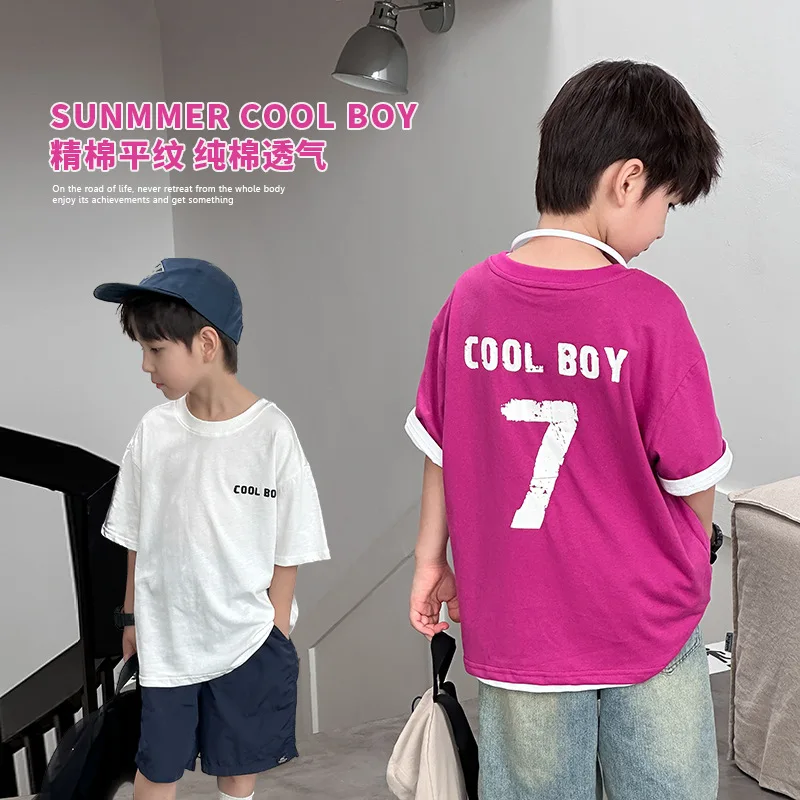 

Children Clothing Kids Casual T Shirt Boys Summer Handsome Letter Loose Cotton 2024 New Fashionable Boys Handsome Kids T-shirt