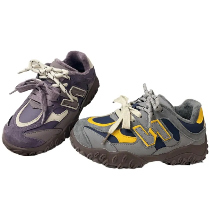 

Детские кроссовки в стиле ретро на подошве с шинами, зима 202, новая лоскутная износостойкая повседневная обувь для мальчиков, теплая спортивная обувь для девочек