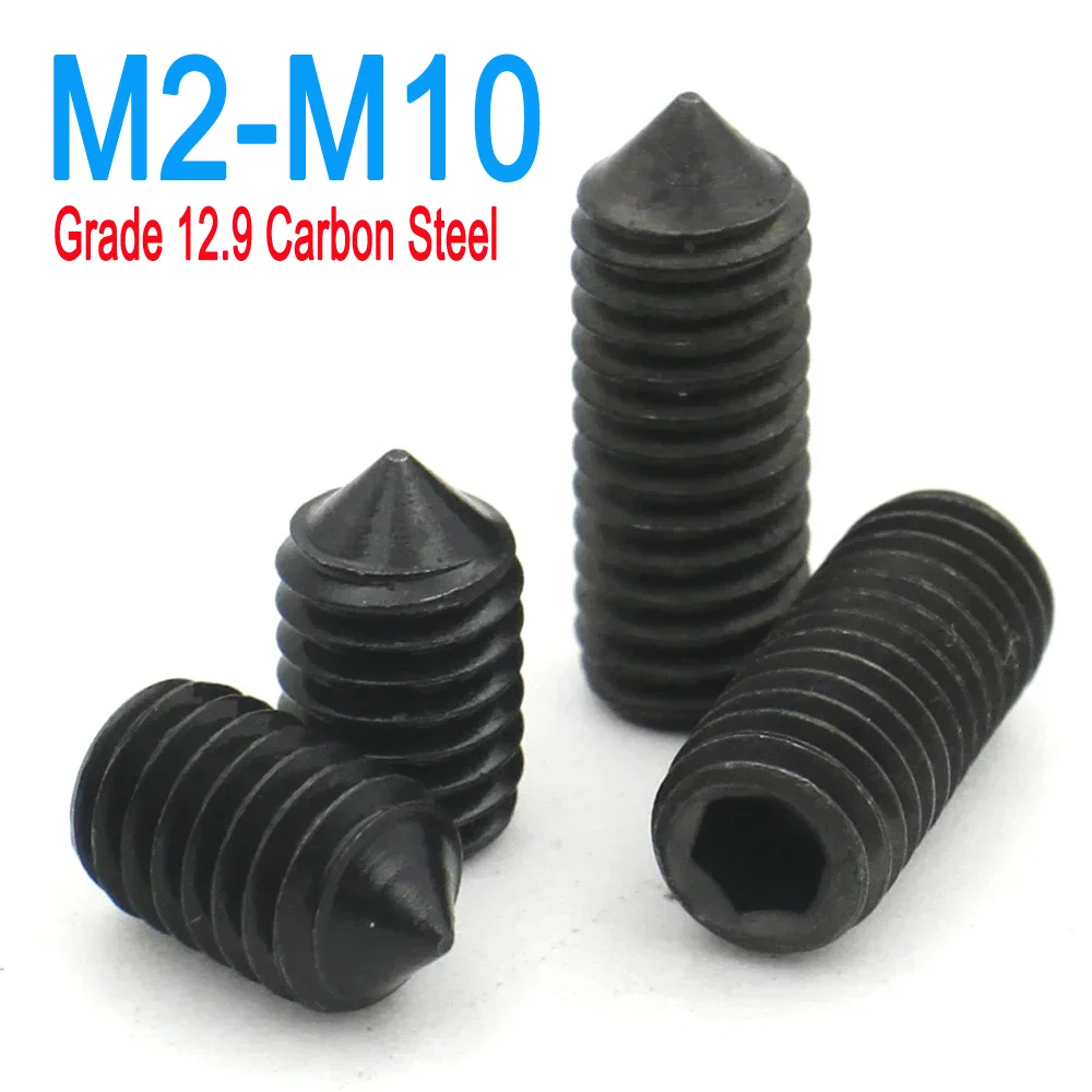 

M2.5 M3 M4 M5 M6 M8 M10 DIN914 Grade 12.9 Black Carbon Steel Hex Socket Hexagon Cone Point Grub Set Screw Bolt Tapered End 10pcs