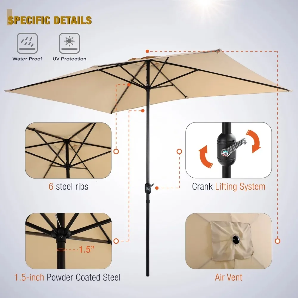 10 x 6.6ft Rectangle Patio Table Umbrella Outdoor Market Umbrella with 6 Steel Ribs and Crank Handle, Beige