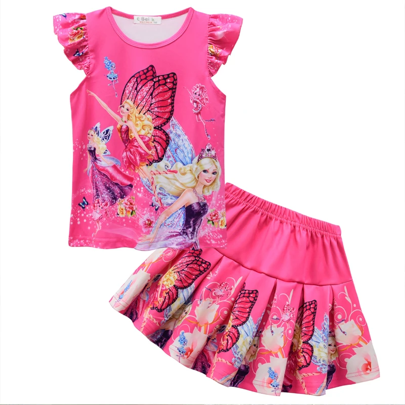 European American Cartoon Barbie Girls T-Shirt Pleated Skirt Set Comfortable Cute Sleeveless Princess Skirt Two-Piece Set