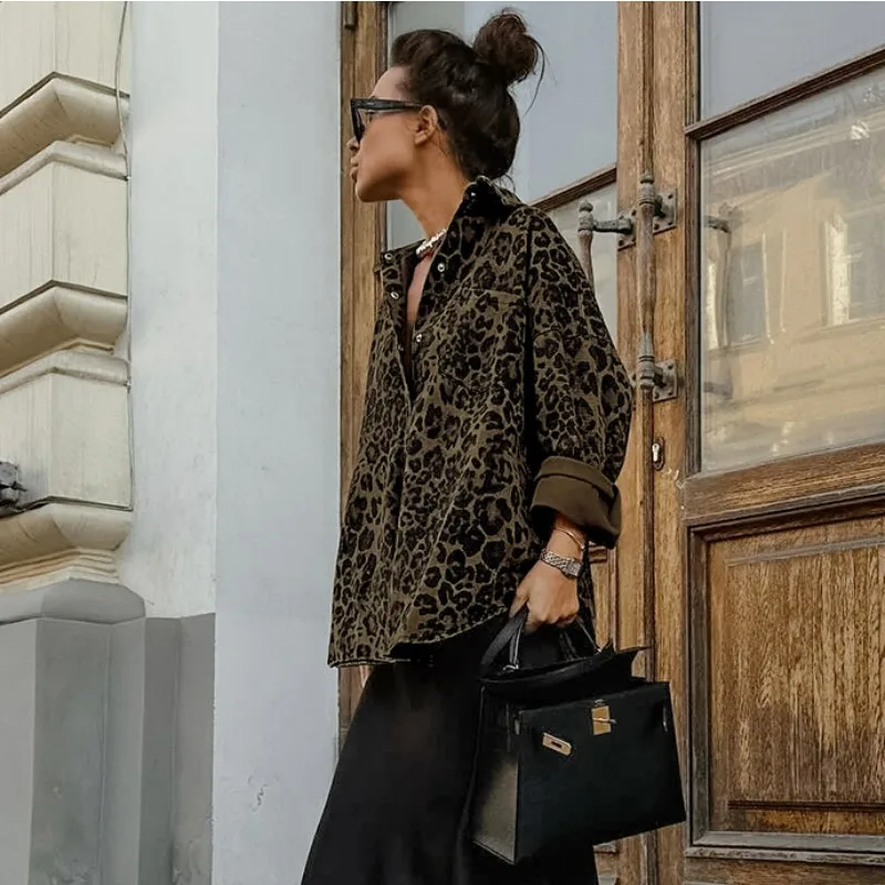 Retro Leopard Print British Style Versatile Lapel Long-sleeved Casual Coat New Cross-border Fashion Women Autumn Europe America